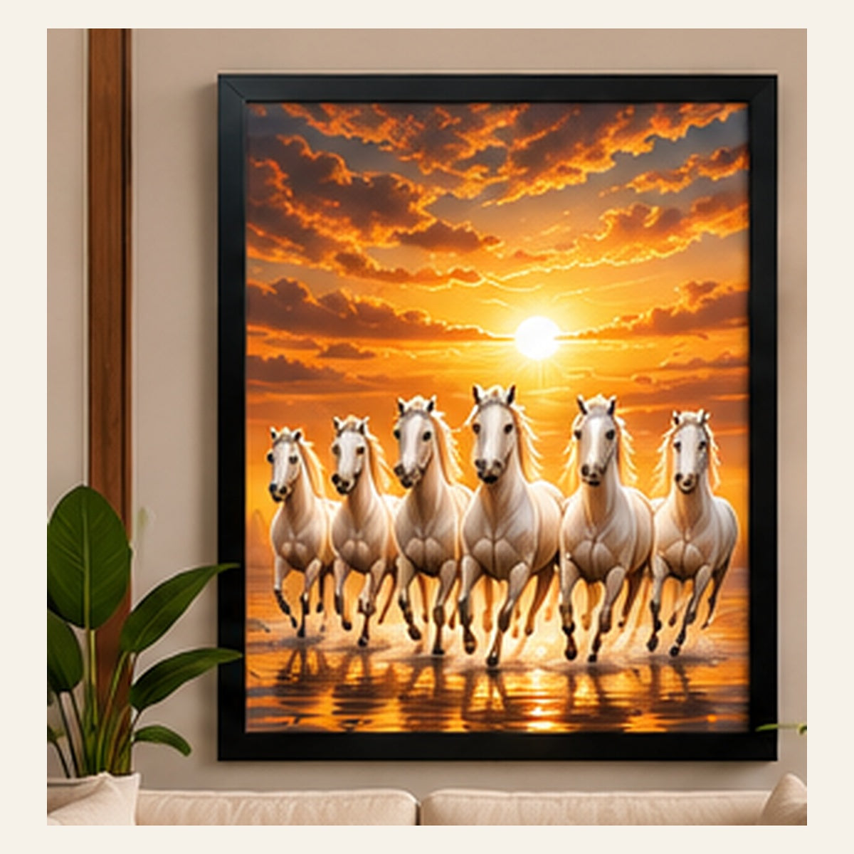 Seven running white horses at golden sunrise in a black framed wall art display
