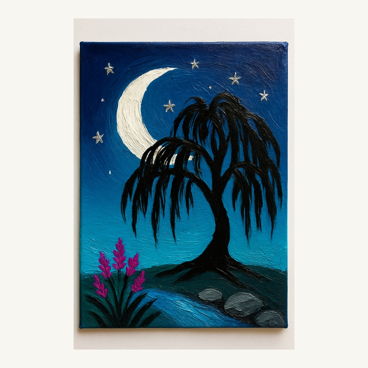 Moonlit Willow Tree Wall Art – Blue Night Sky & Crescent Moon | Wallfox – framed wall art