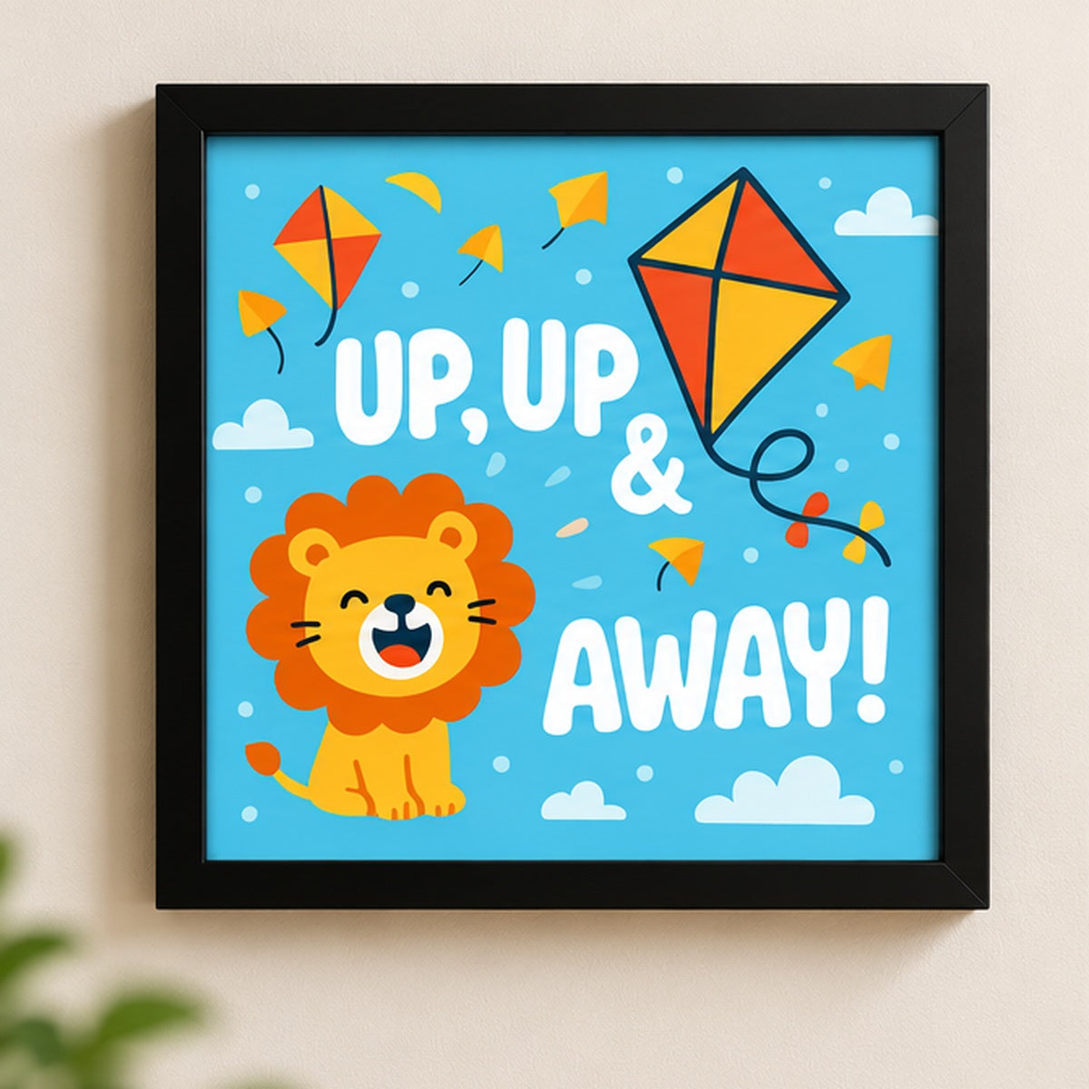 Up, Up & Away Kids Wall Frame – Blue Lion & Kite Nursery Art