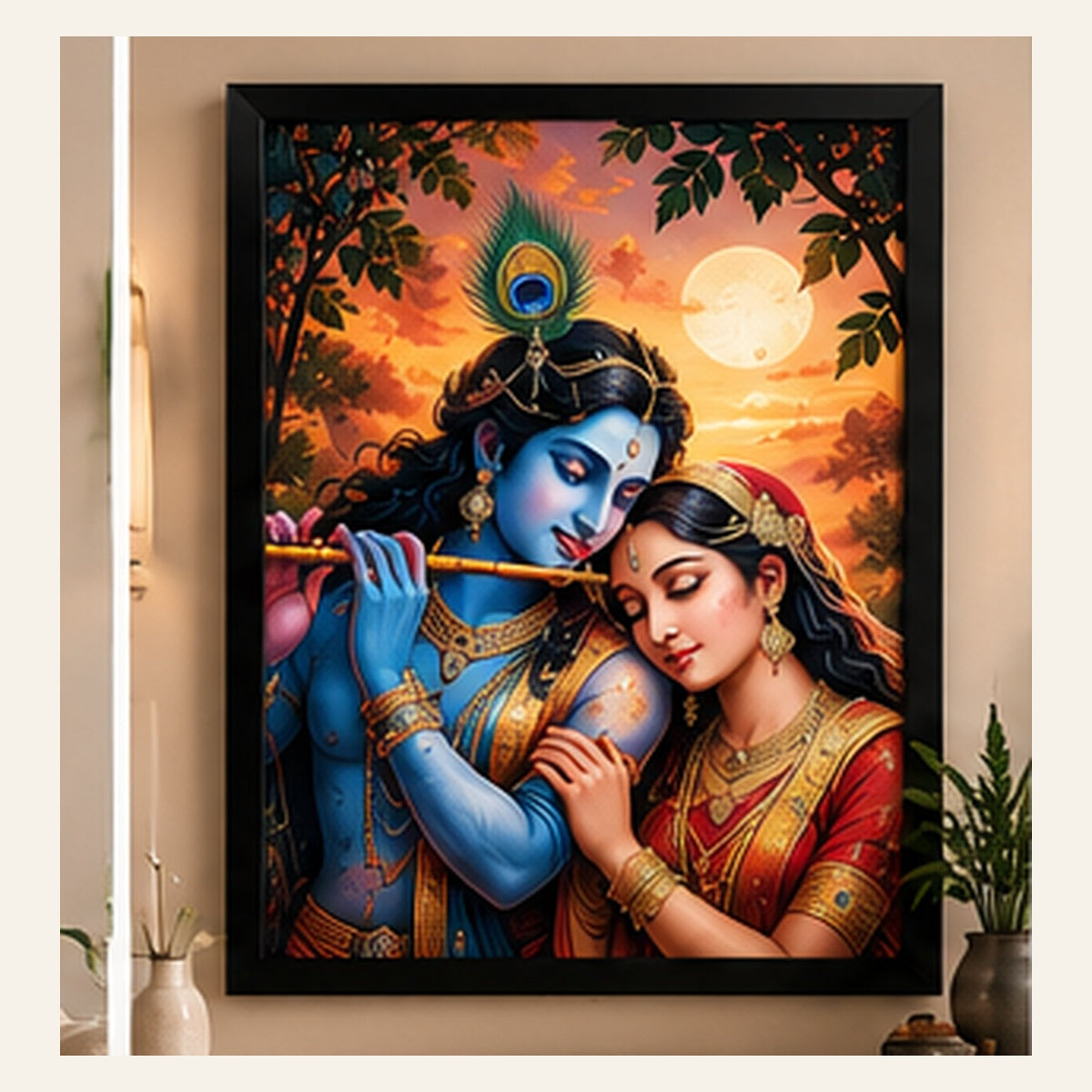 Radha Krishna divine love artwork in a black framed wall art display