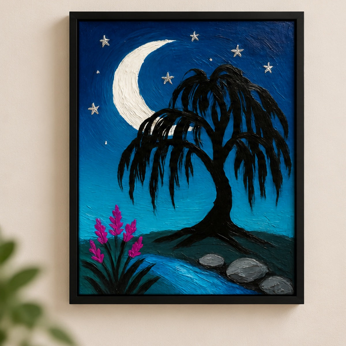 Moonlit Willow Tree Wall Art – Blue Night Sky & Crescent Moon | Wallfox