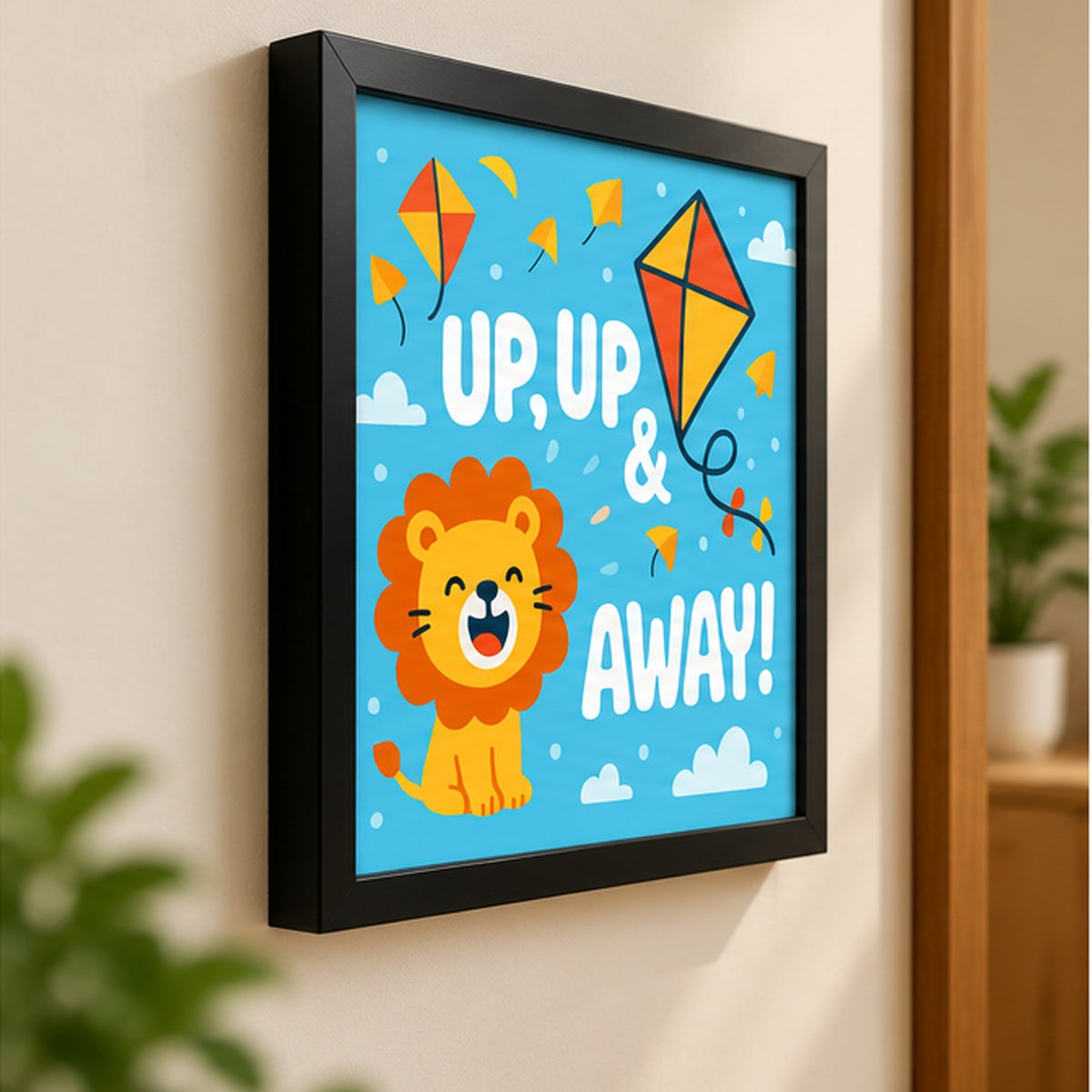 Up, Up & Away Kids Wall Frame – Blue Lion & Kite Nursery Art