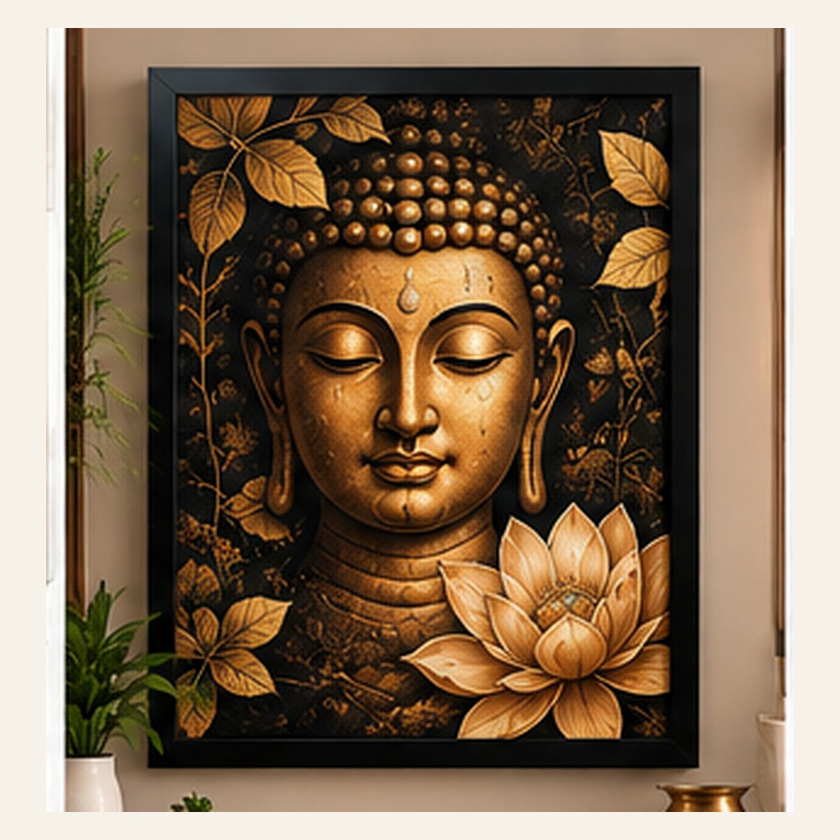Golden Buddha meditation artwork in a black framed wall art display