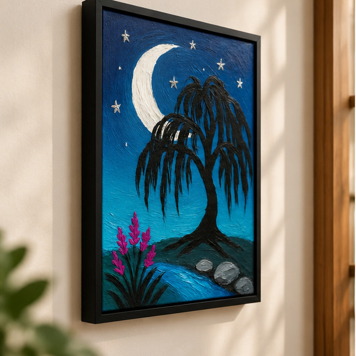 Moonlit Willow Tree Wall Art – Blue Night Sky & Crescent Moon | Wallfox