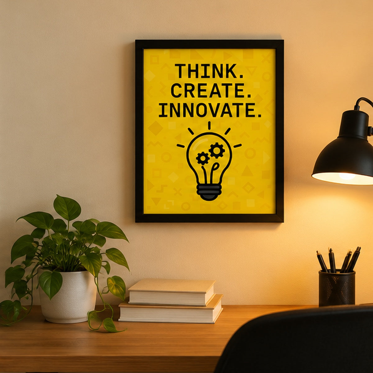 Think Create Innovate Motivational Wall Frame – Yellow & Black