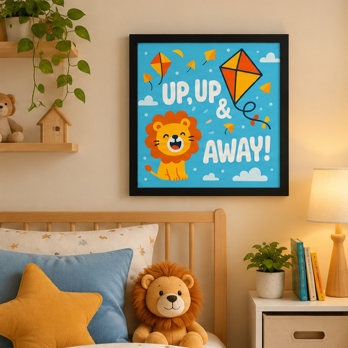Up, Up & Away Kids Wall Frame – Blue Lion & Kite Nursery Art