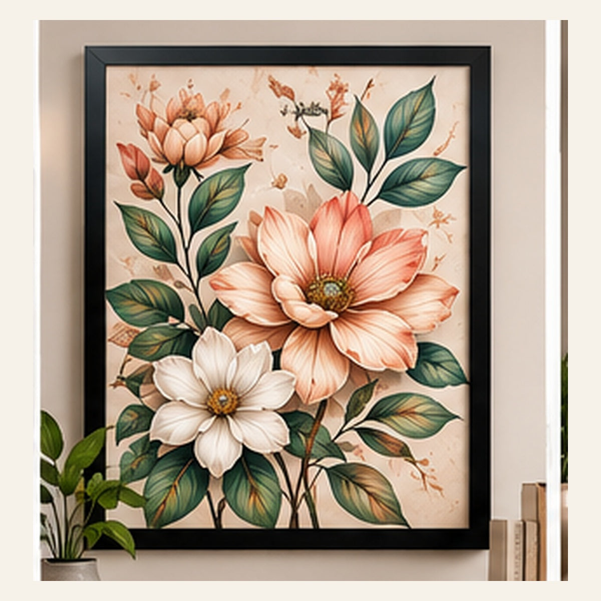 Blush floral and sage botanical artwork in a black framed wall art display
