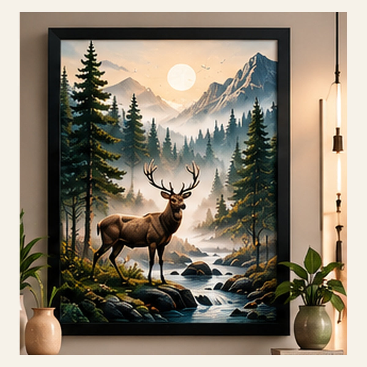 Deer beside a misty forest lake in a black framed wall art display