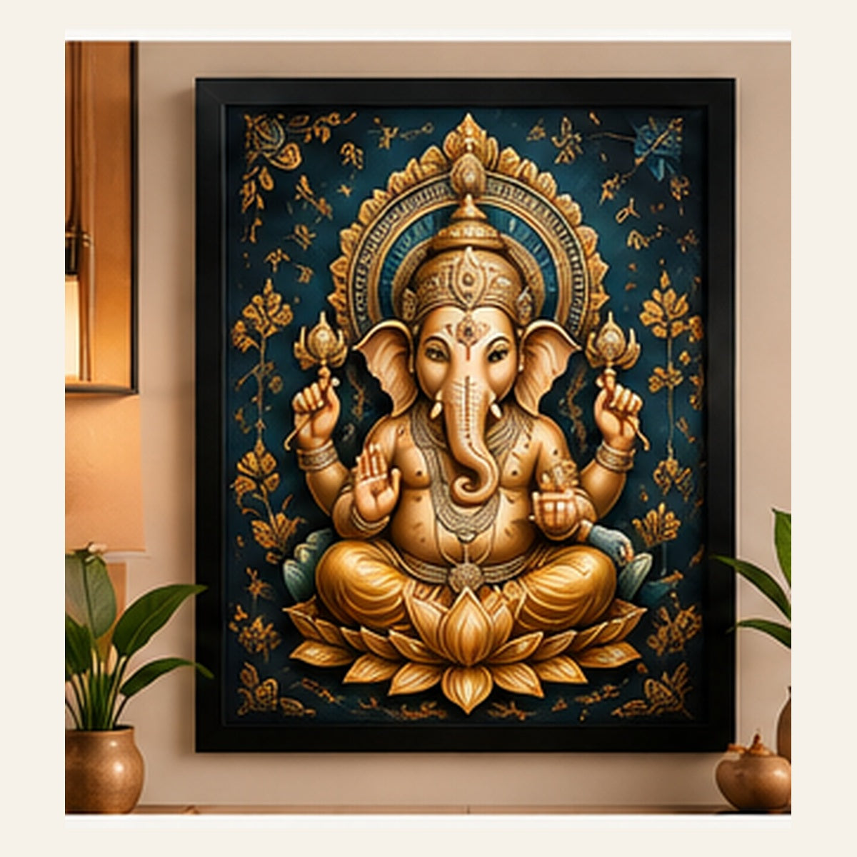 Lord Ganesha seated on a golden lotus in a black framed wall art display