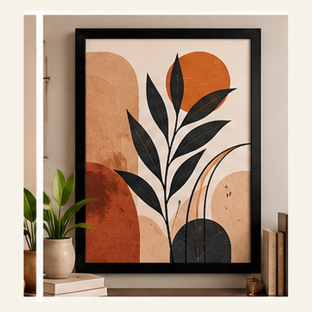 Minimalist terracotta beige abstract artwork in a black framed wall art display