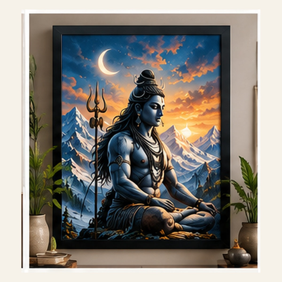 Lord Shiva meditating in the Himalayas in a black framed wall art display
