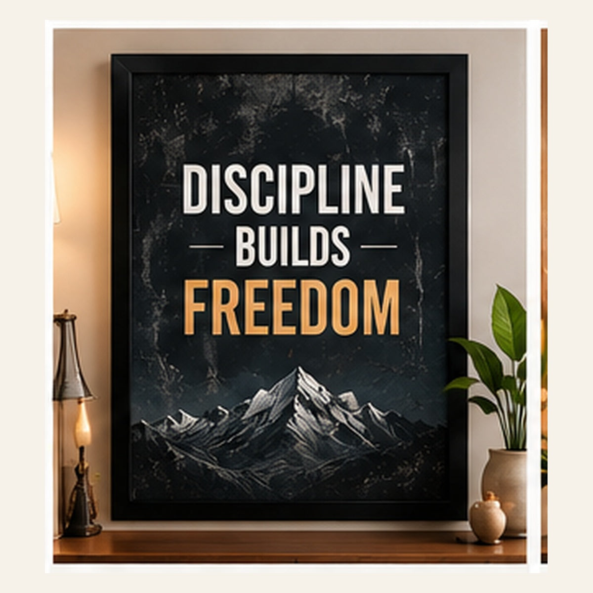 Discipline Builds Freedom motivational quote artwork in a black framed wall art display