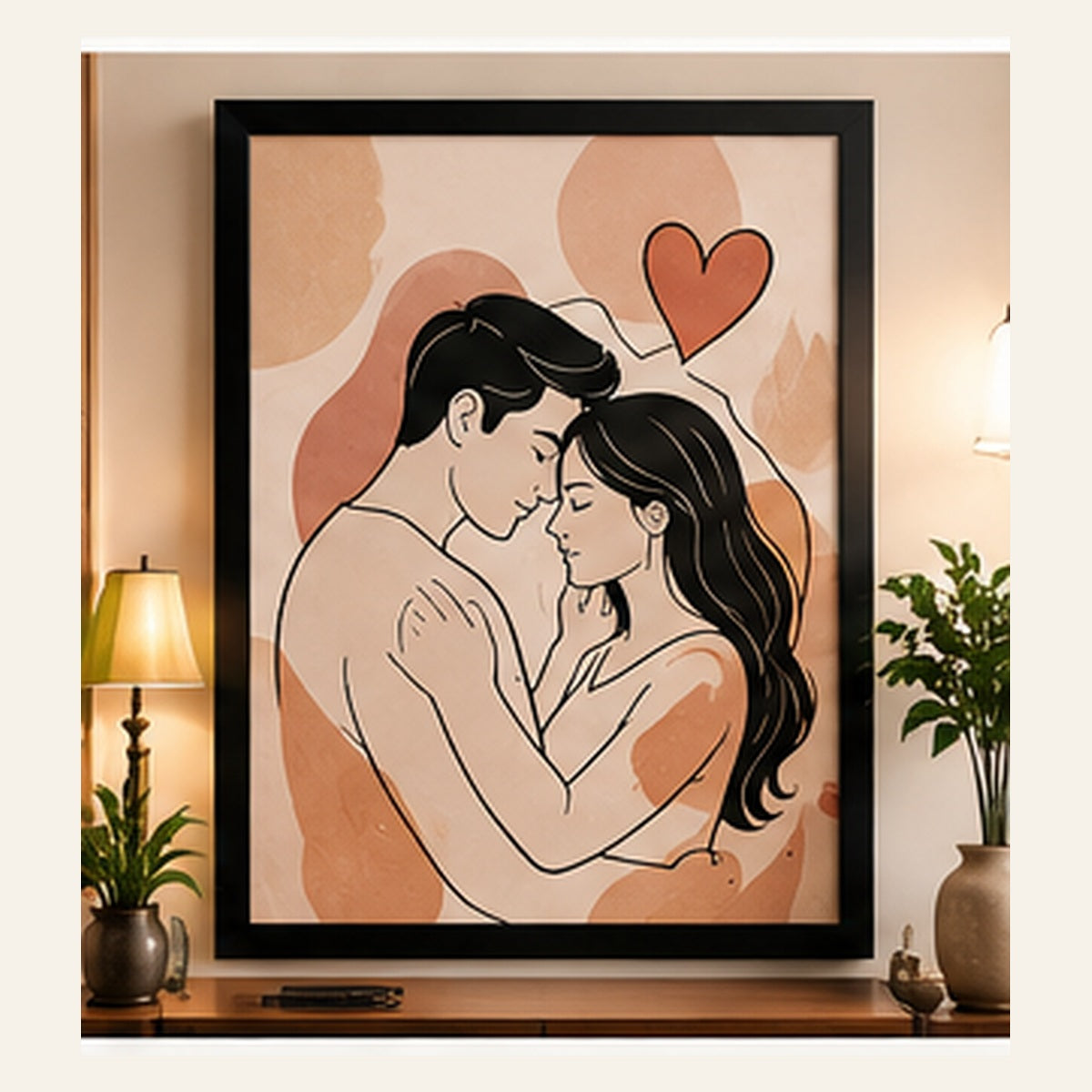 Minimalist romantic couple line art in a black framed wall art display