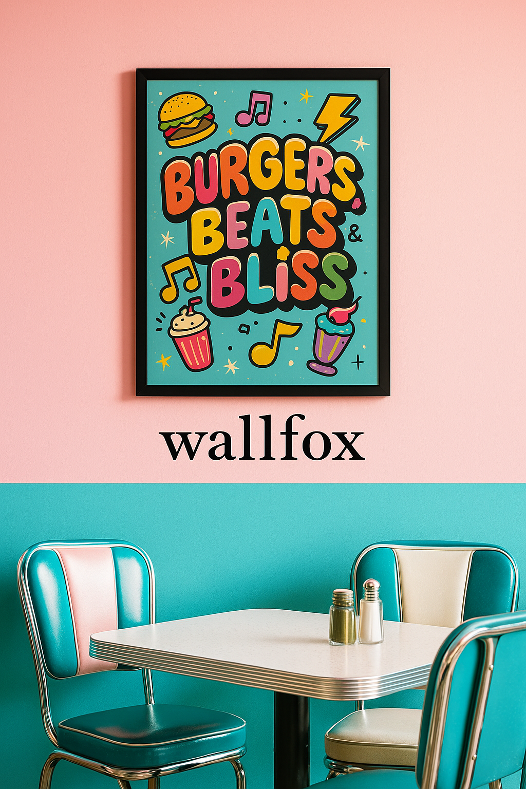 WALLFOX Burgers, Beats & Bliss – Café Wall Art Frame; 9 x 12 inch; MDF framed wall art