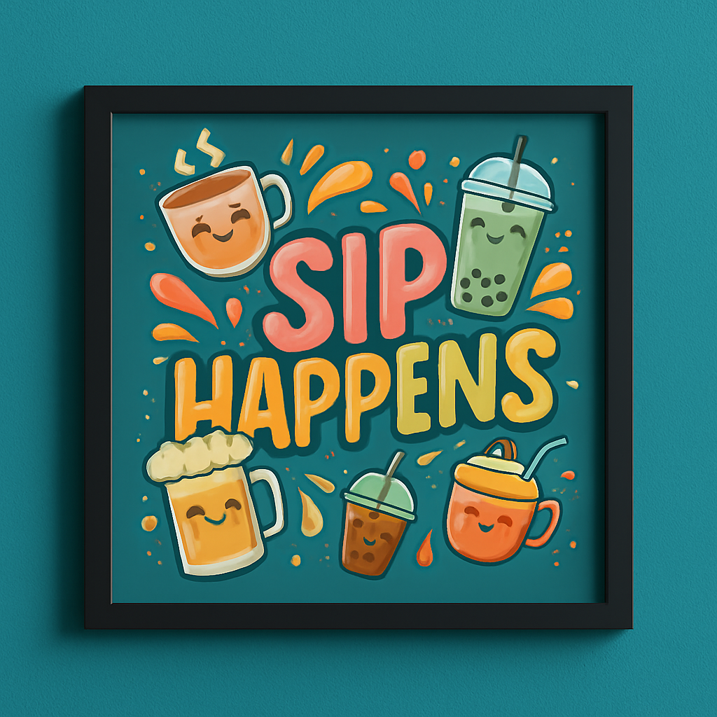 WALLFOX Sip Happens – Café Wall Art Frame; 9 x 9 inch; MDF framed wall art