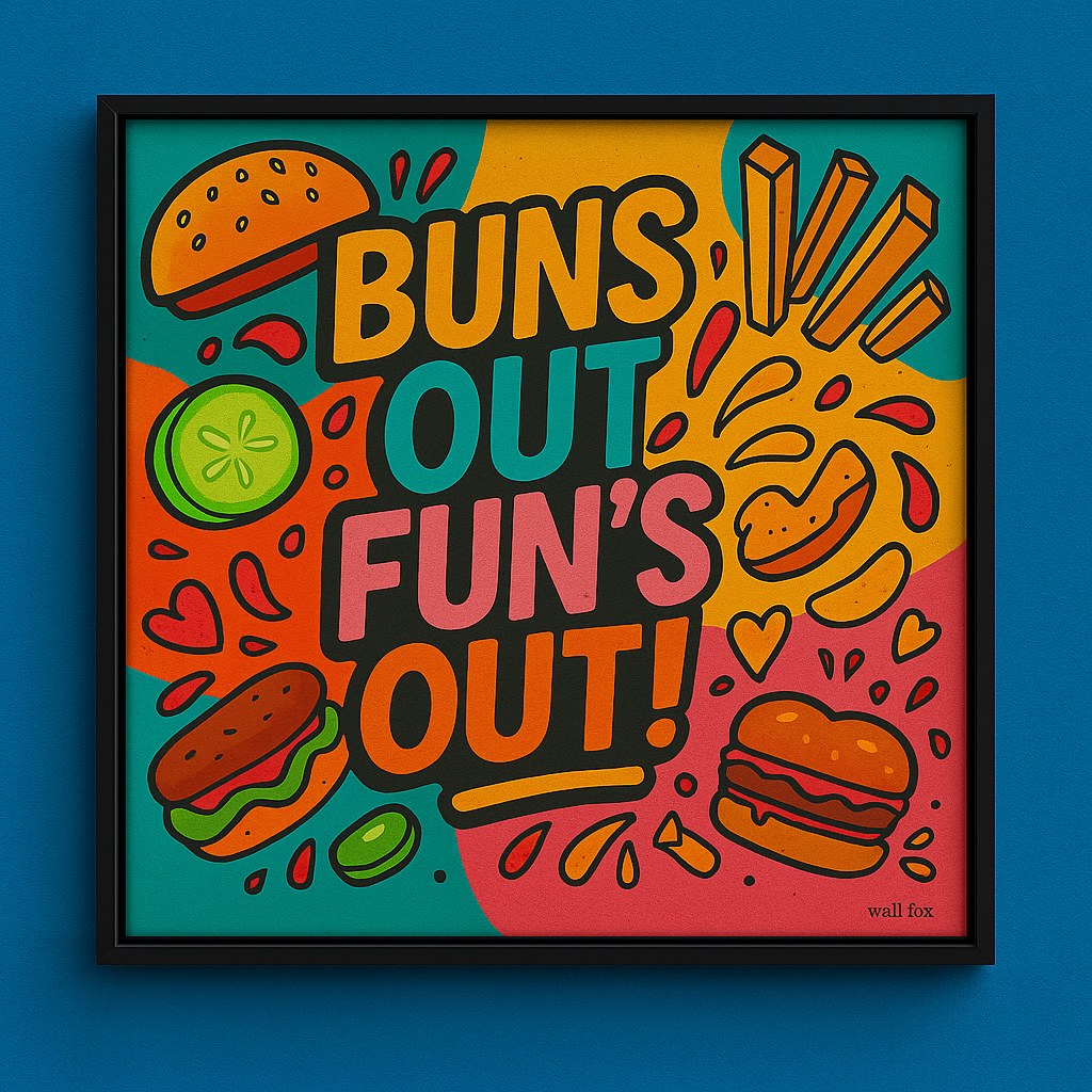 Buns Out Fun's Out framed restaurant wall art