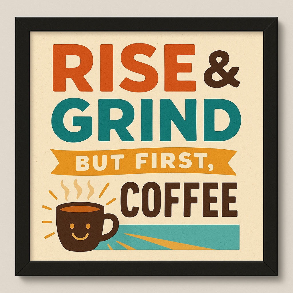 Rise & Grind, But First Coffee – Kitchen Wall Art