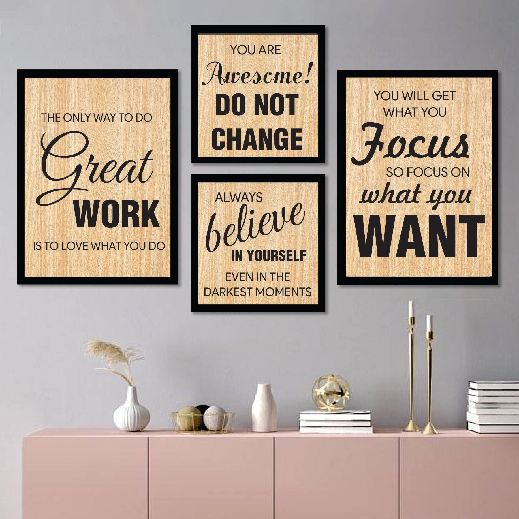 Motivational Wooden Wall Art Frame Set – Set of 4 Inspirational Quote Posters