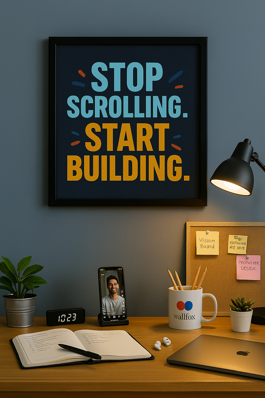 Stop Scrolling. Start Building.” – Focus Booster Wall Frame