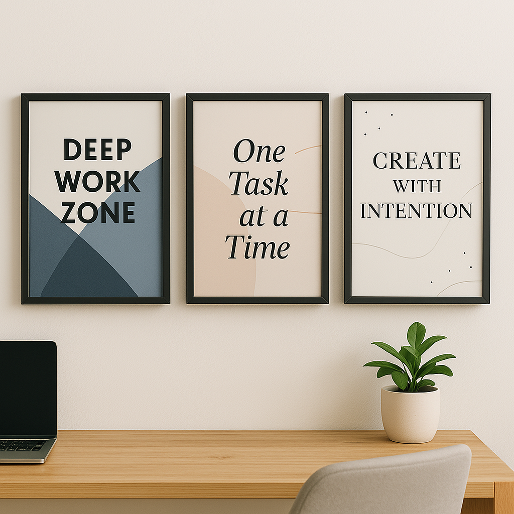 Focused Flow – Minimalist Productivity Wall Frame Set (Set of 3)