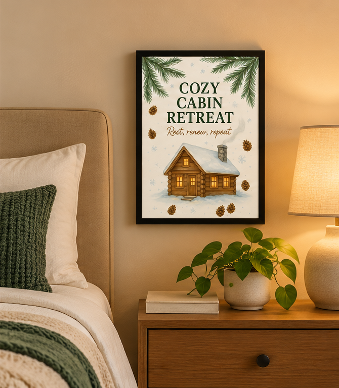 Cozy Cabin Retreat – Winter Wall Art | Wallfox – framed wall art