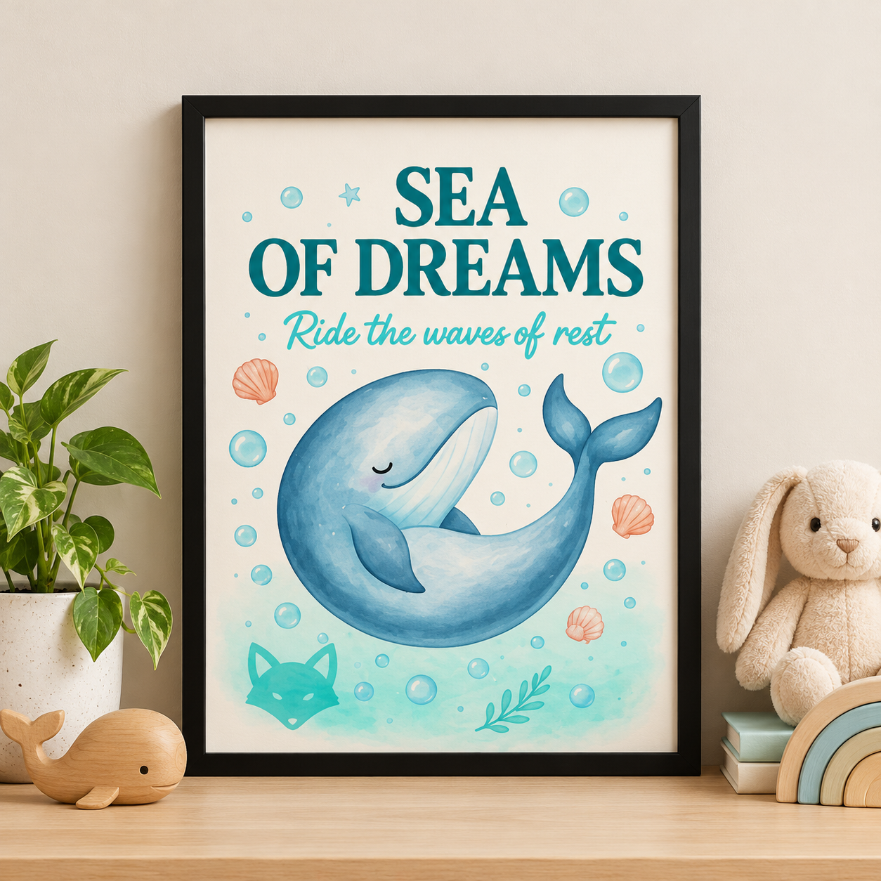 Sea of Dreams – Whale Nursery Wall Art | Black Framed Kids Room Decor