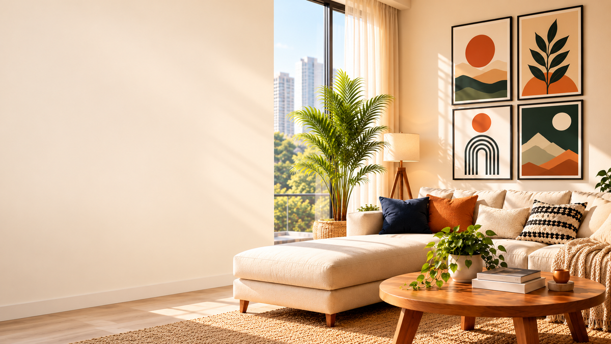 Motivational wall art in a warm modern living room