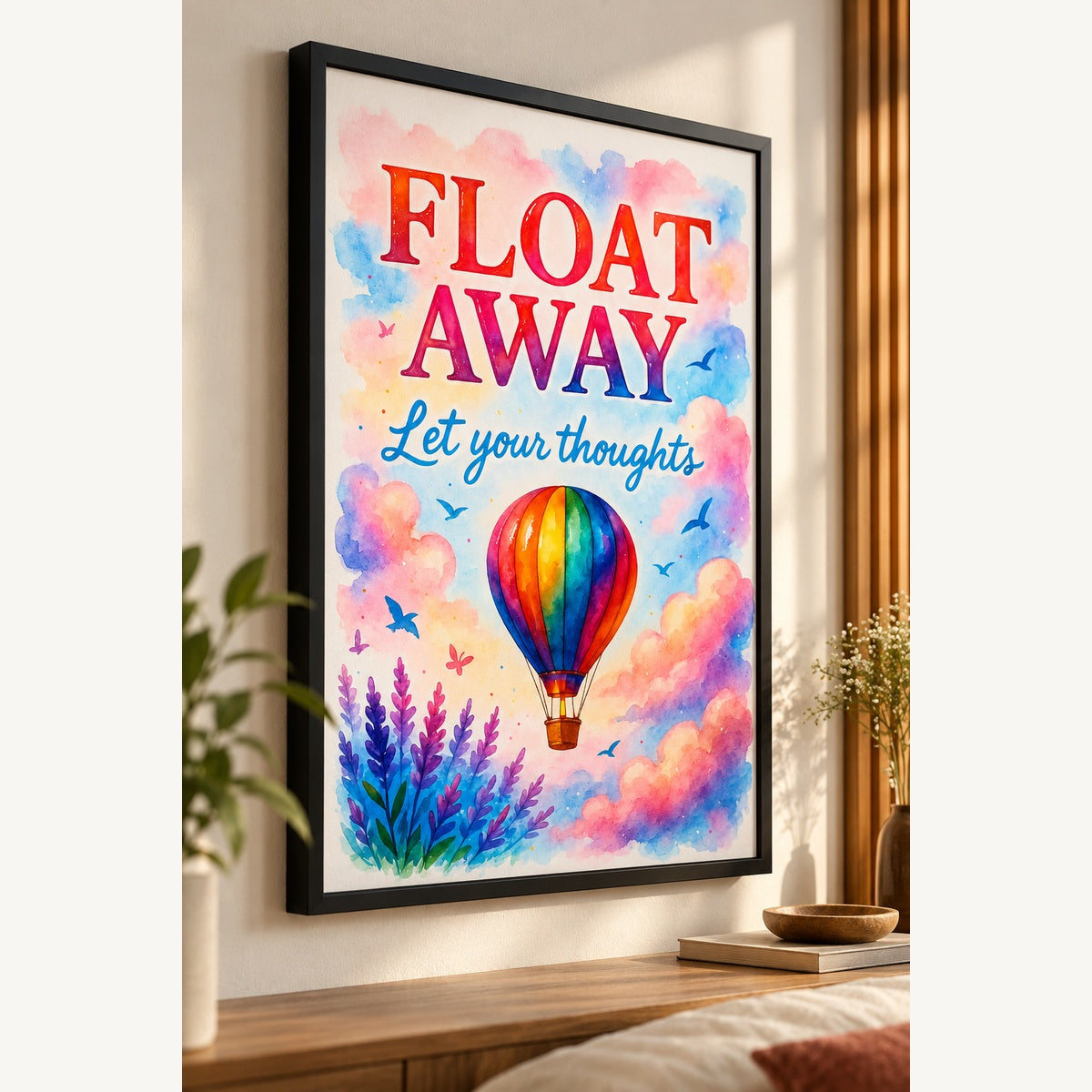 Float Away Motivational Wall Art – Colorful Hot Air Balloon Print