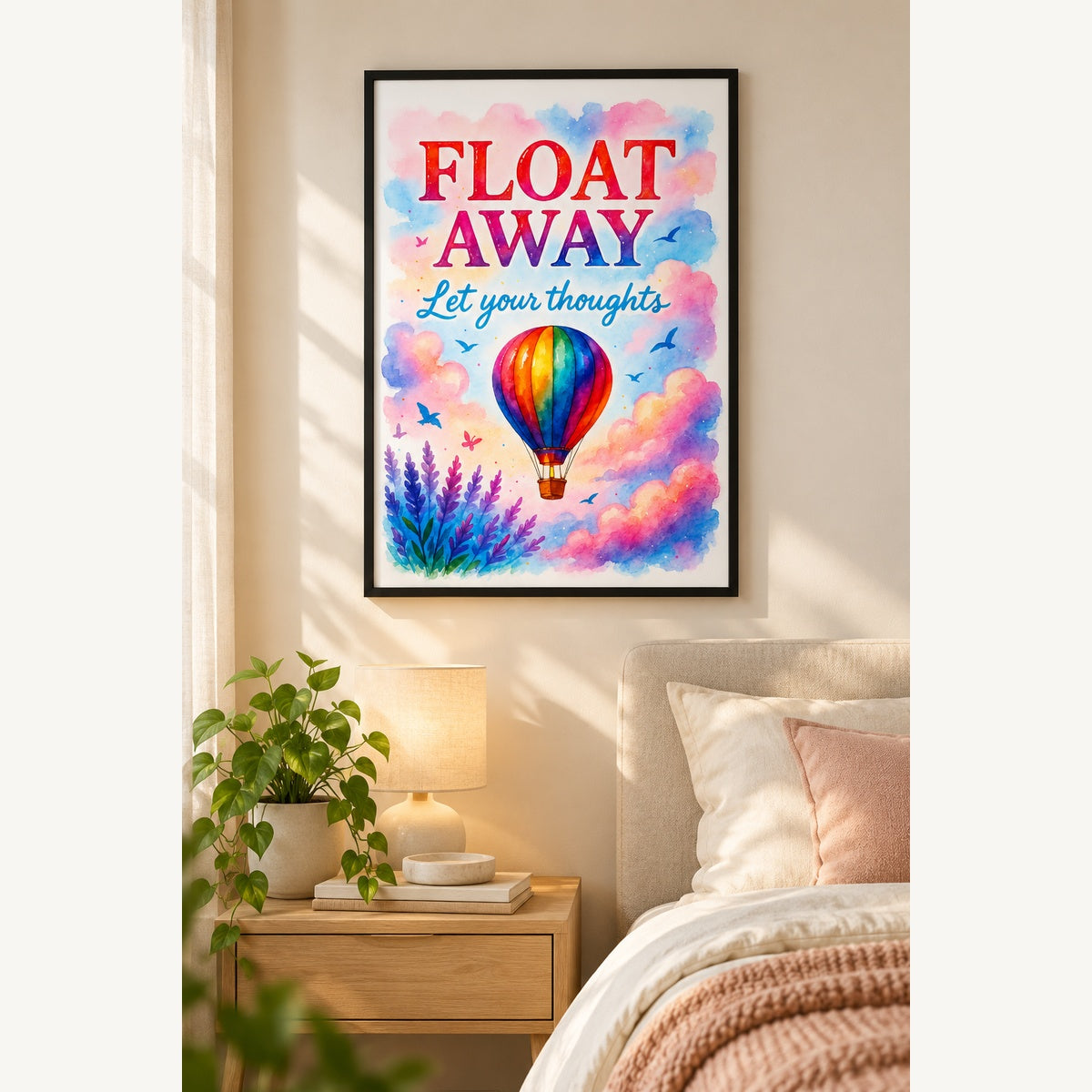 Float Away Motivational Wall Art – Colorful Hot Air Balloon Print
