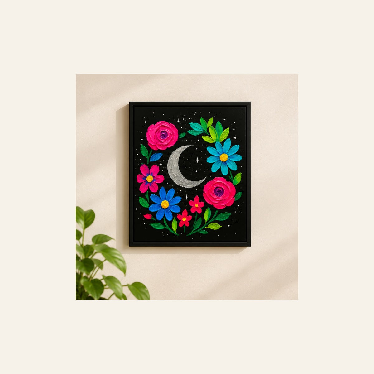 Floral Crescent Moon Wall Art – Colorful Botanical Frame | Wallfox – framed wall art