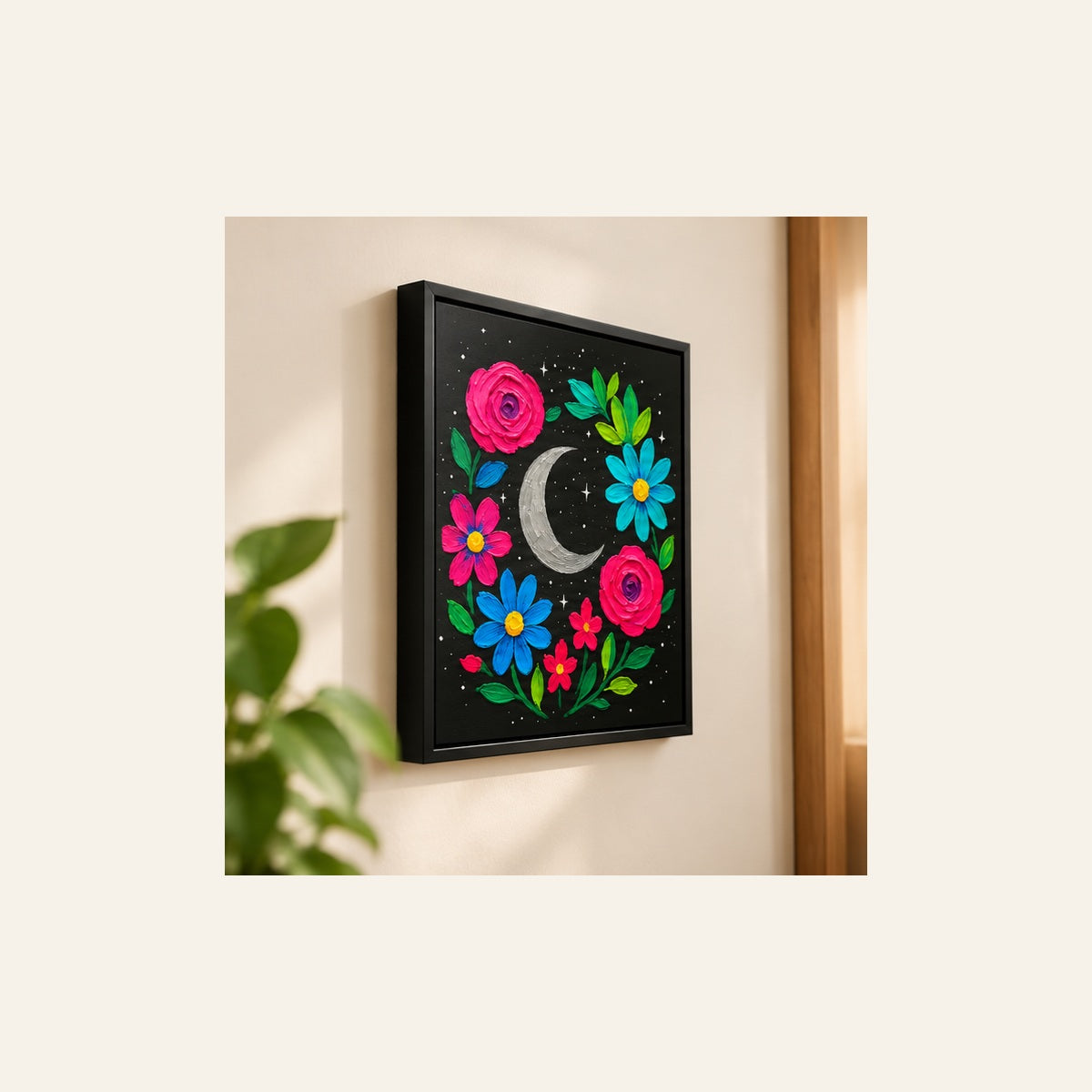 Floral Crescent Moon Wall Art – Colorful Botanical Frame | Wallfox