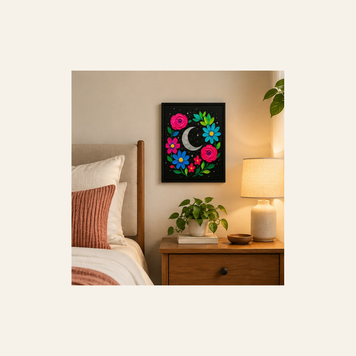 Floral Crescent Moon Wall Art – Colorful Botanical Frame | Wallfox