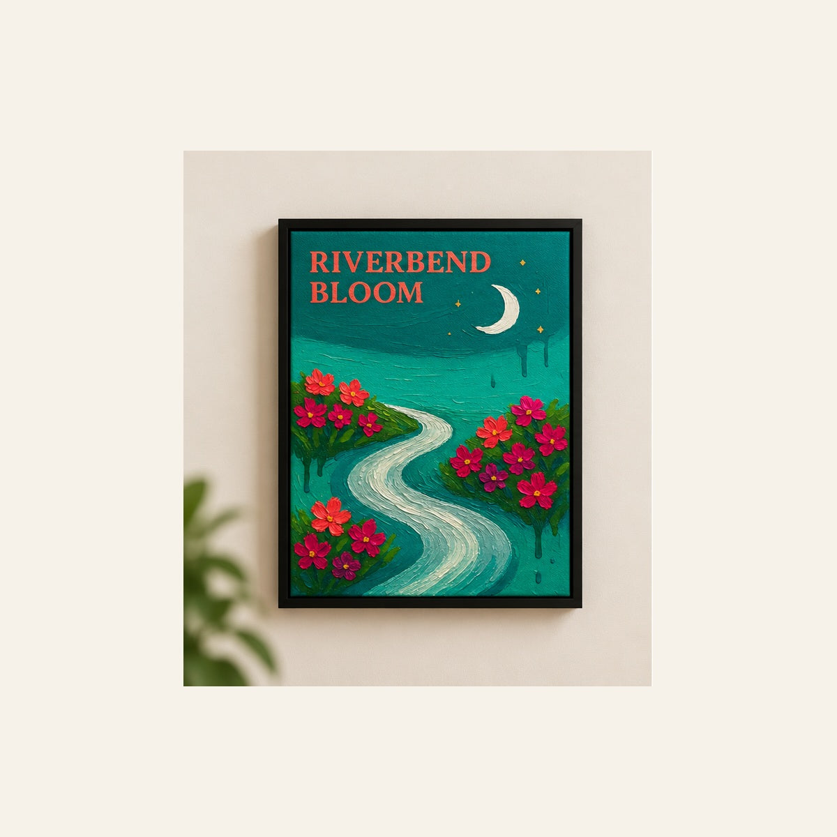 Riverbend Bloom – Floral River Landscape Wall Art | Wallfox – framed wall art