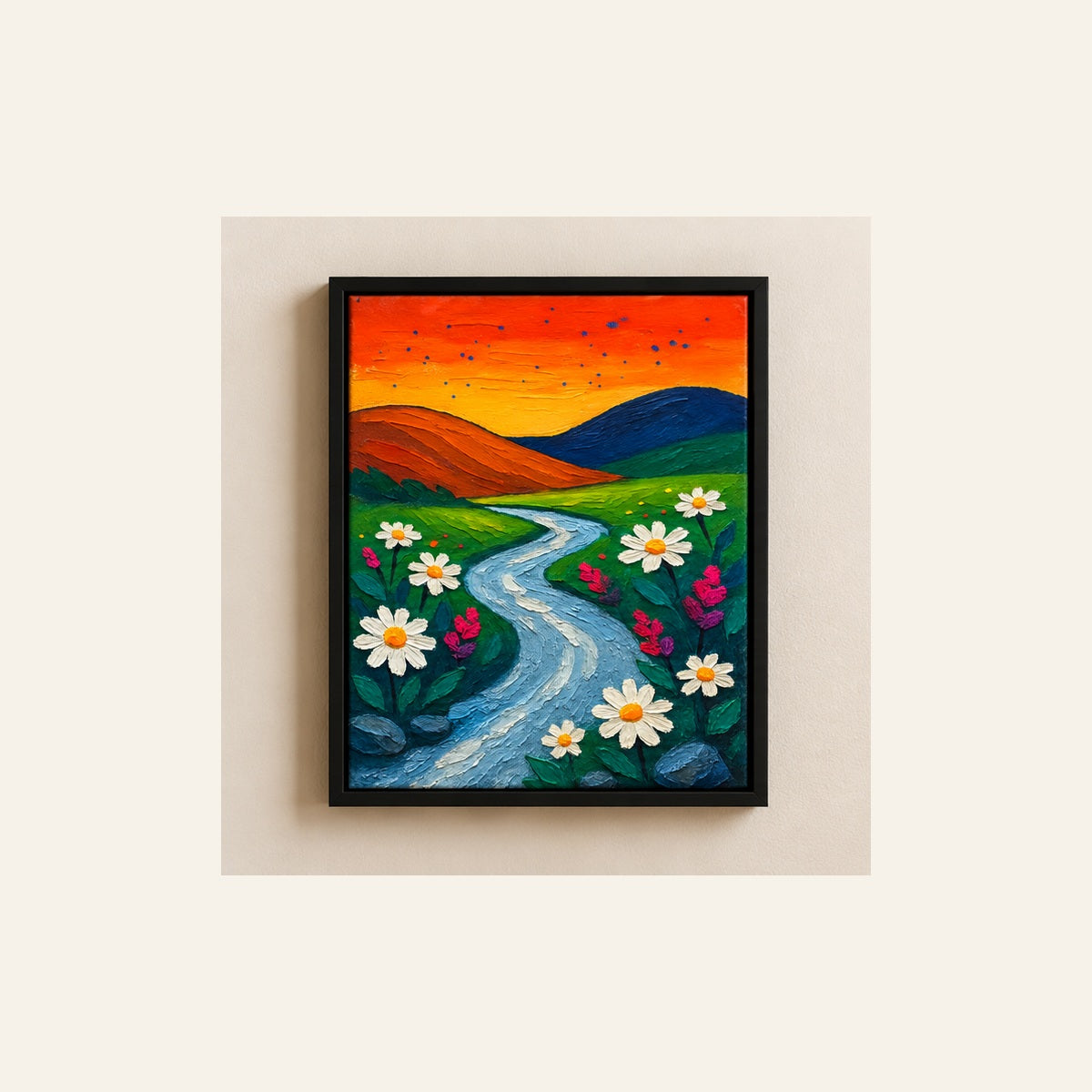 Sunset River & Wildflowers – Colorful Landscape Wall Art | Wallfox – framed wall art
