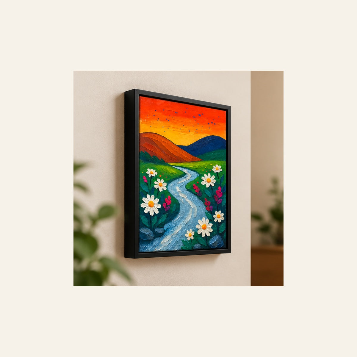 Sunset River & Wildflowers – Colorful Landscape Wall Art | Wallfox