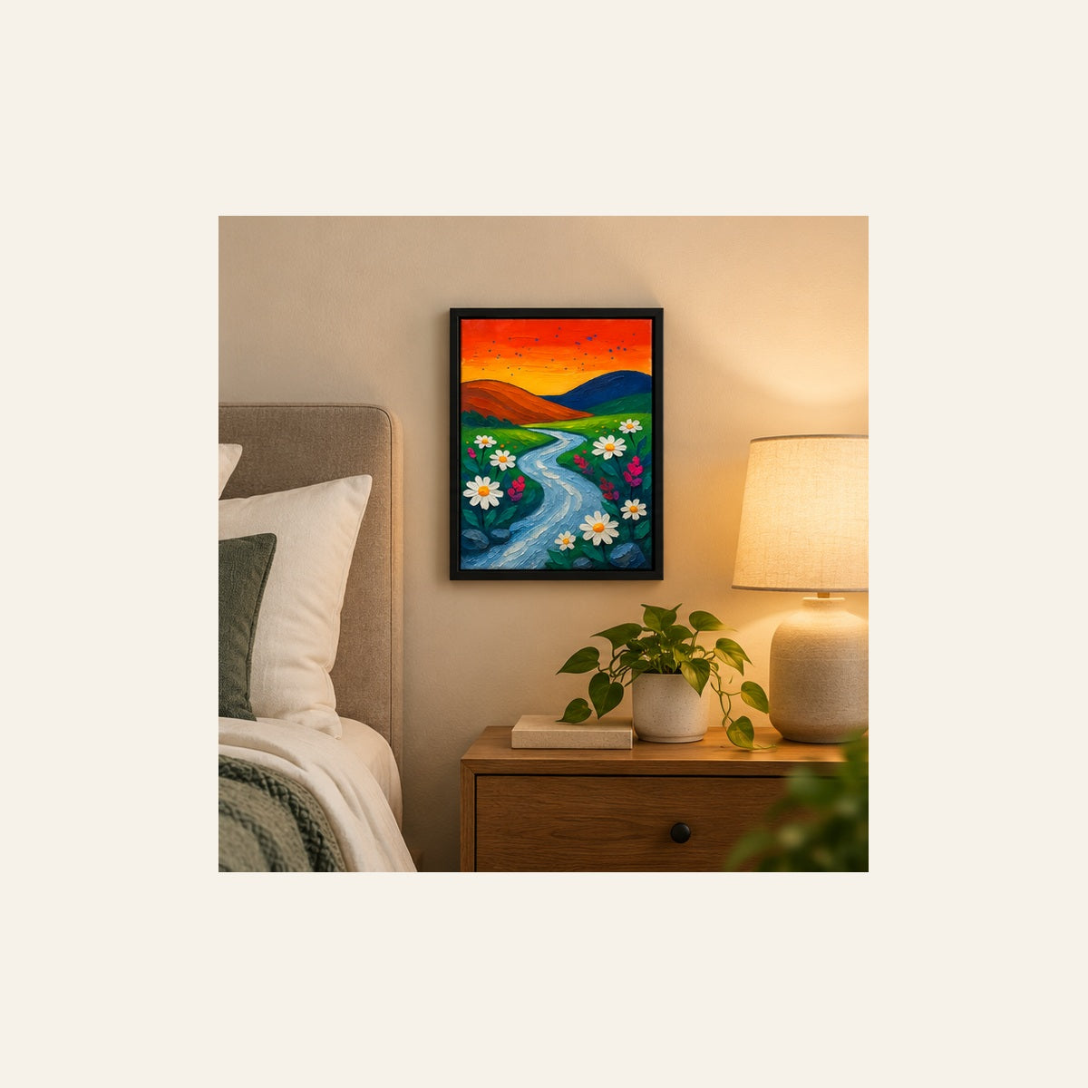 Sunset River & Wildflowers – Colorful Landscape Wall Art | Wallfox