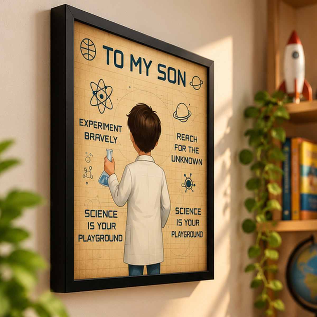 To My Son Science Motivational Wall Art with Black Frame | Kids Room Decor