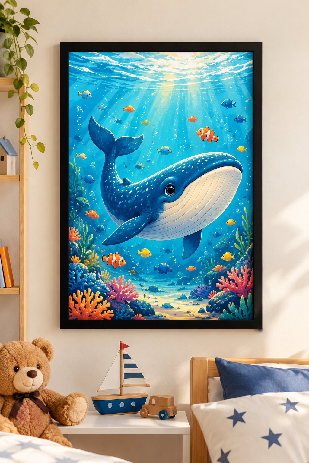 Ocean Friends – Kids Room Framed Wall Art, framed artwork in black MDF frame