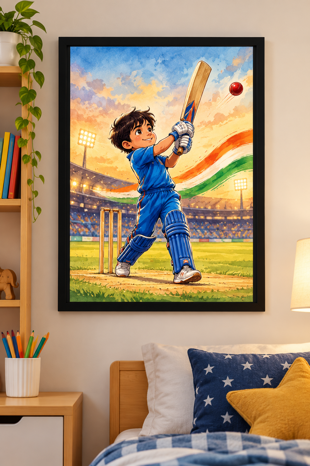 Cricket Champion – Kids & Teens Sports Frame, framed artwork in black MDF frame