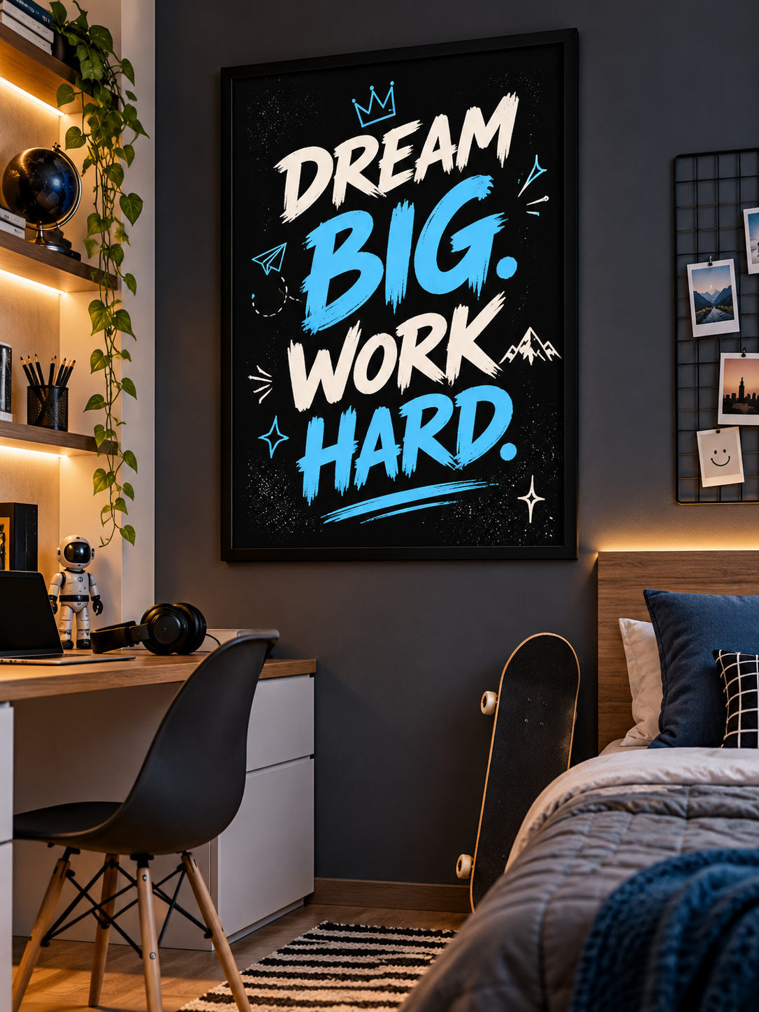 Dream Big Work Hard – Teen Motivation Frame, framed artwork in black MDF frame