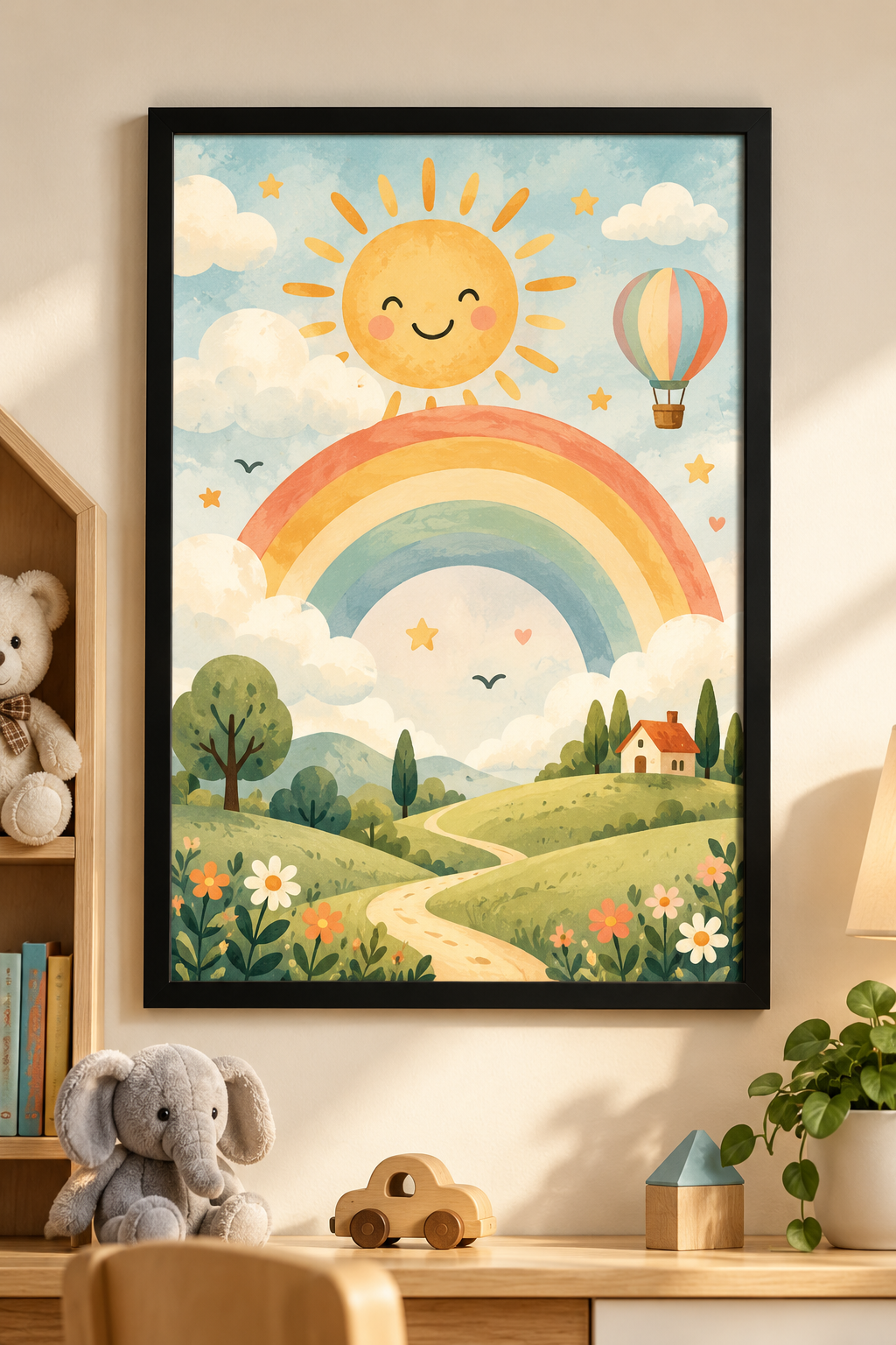 Rainbow Dreams – Kids Room Framed Wall Art, framed artwork in black MDF frame