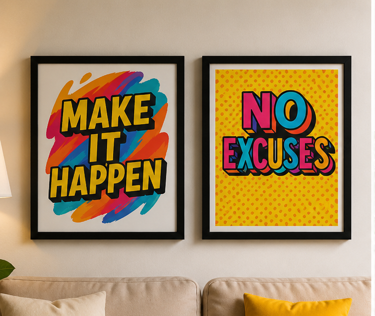 Make It Happen & No Excuses | Motivational Wall Frame Set of 2
