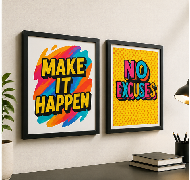 Make It Happen & No Excuses | Motivational Wall Frame Set of 2