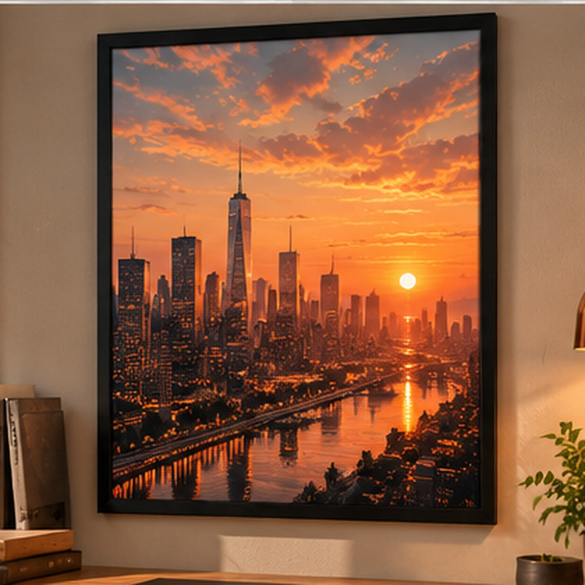 Golden-hour city skyline artwork in a large black frame above a desk