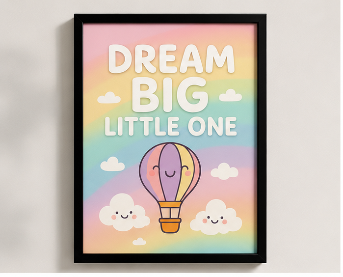 Dream Big Little One Rainbow Hot Air Balloon Kids Wall Art Frame | Pastel Nursery Decor for Baby Room