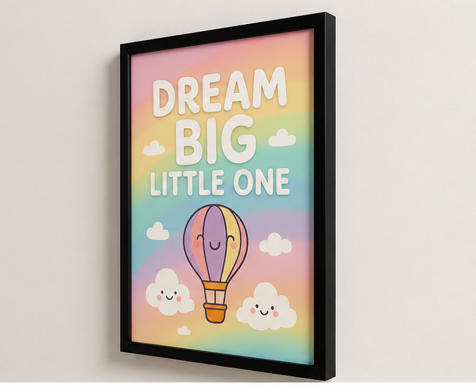 Dream Big Little One Rainbow Hot Air Balloon Kids Wall Art Frame | Pastel Nursery Decor for Baby Room