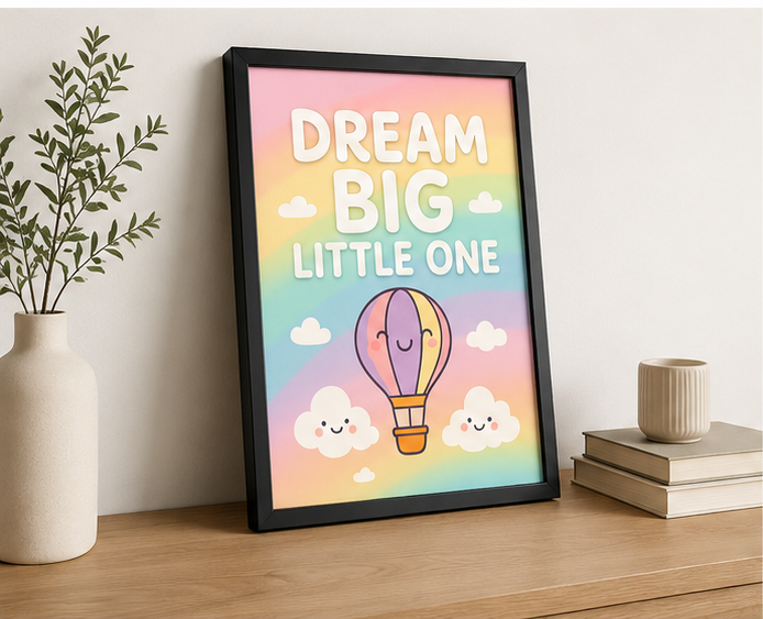 Dream Big Little One Rainbow Hot Air Balloon Kids Wall Art Frame | Pastel Nursery Decor for Baby Room