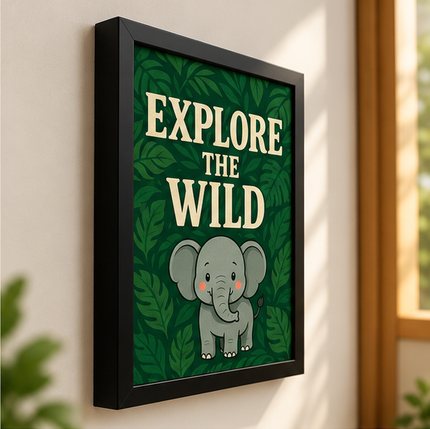 Explore the Wild Elephant Wall Art for Kids Room | Green Jungle Animal Poster | Black Frame | Wallfox