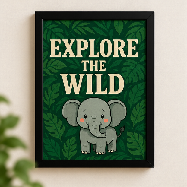 Explore the Wild Elephant Wall Art for Kids Room | Green Jungle Animal Poster | Black Frame | Wallfox