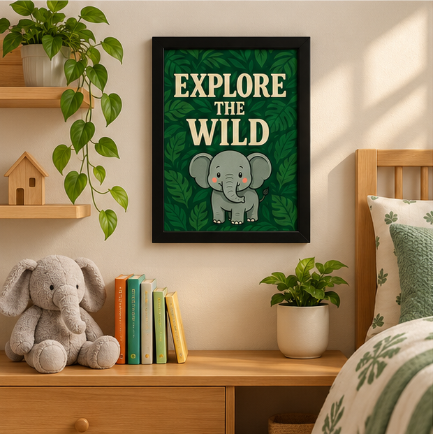 Explore the Wild Elephant Wall Art for Kids Room | Green Jungle Animal Poster | Black Frame | Wallfox